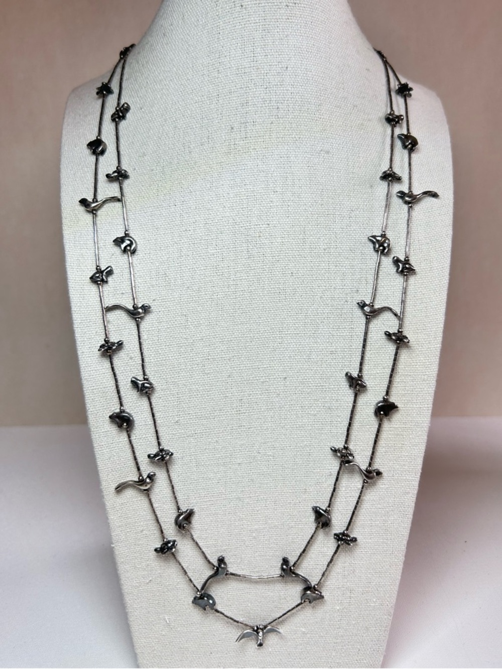 Native Zuni Sterling Silver 925 Fetish Double Strand Liquid Silver Necklace VTG